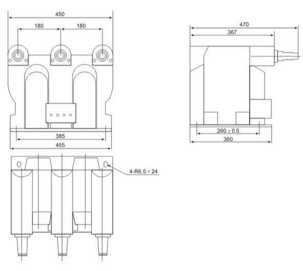 JSZV12-20R Three-Phase Epoxy Resin Combination Voltage Transformer with Built-in Fuse Thomas Electric JSZV12 20R Indoor Three Phase Epoxy Resin Voltage Transformer with Fuse outline installation