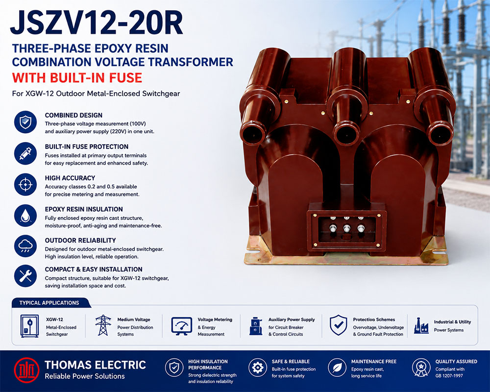 JSZV12-20R Trafometa ya Voliti ya Umoja wa Resini ya Epoxy ya Mzunguko wa Matatu na Fuse Iliyopachikwa Thomas Electric JSZV12 20R