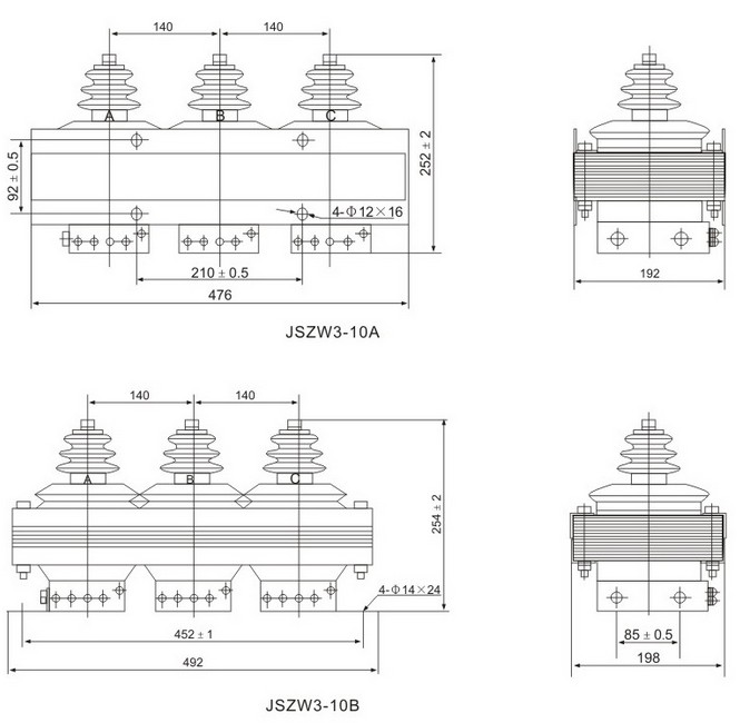 JSZW3 10kv Indoor Three Phase Epoxy Resin Combined Voltage Transformer outline installation