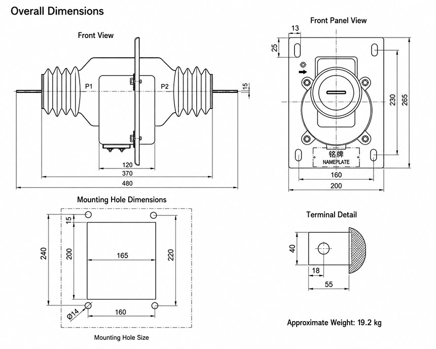 LA2-10, LAJ-10 (LFZBJ-10GY) Wall-Through Epoxy Cast-Resin Current Transformer Installation and Dimensions