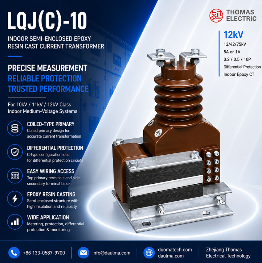 LQJ(C)-10 سیمی-انکلوژڈ ایپوکسی ریزن کاسٹ کرنٹ ٹرانسفارمر، 10kV–12kV Thomas Electric LQJC 10