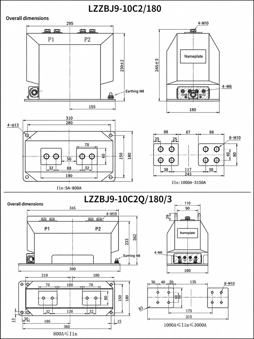 LZZBJ9-10C2Q/180 Trasformatore di corrente in resina epossidica colata 12kV 13.8kV 15kV Installazione e dimensioni