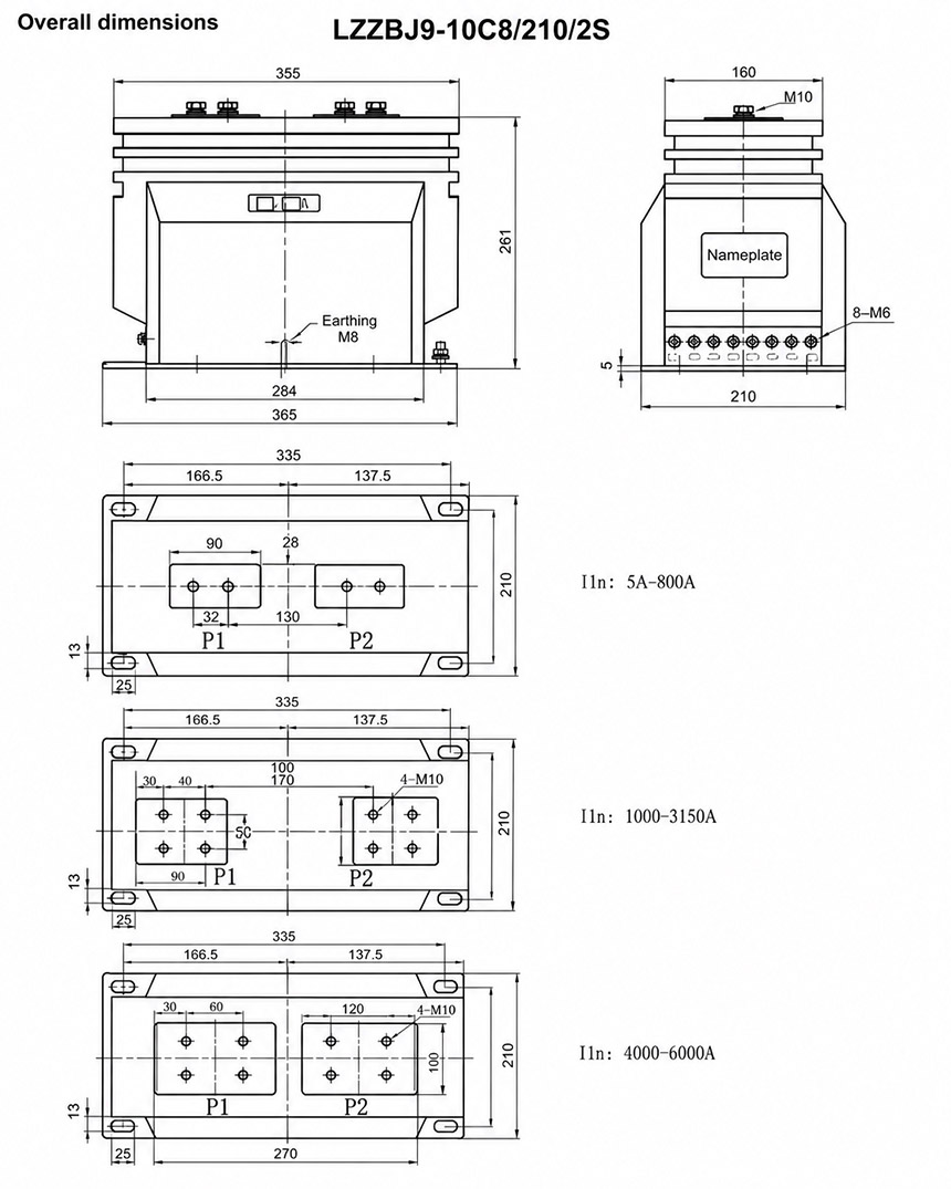 LZZBJ9-10C8/210/2S (4S) Transformador de Corriente para Interiores con Aislamiento de Resina Epoxi Fundida – Instalación y Dimensiones