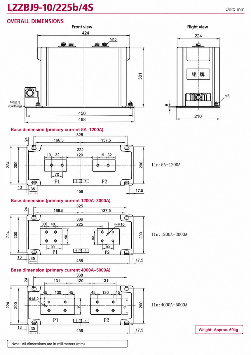 LZZBJ9-10C8/210/2S (4S) Transformador de Corriente para Interiores con Aislamiento de Resina Epoxi Fundida – Instalación y Dimensiones