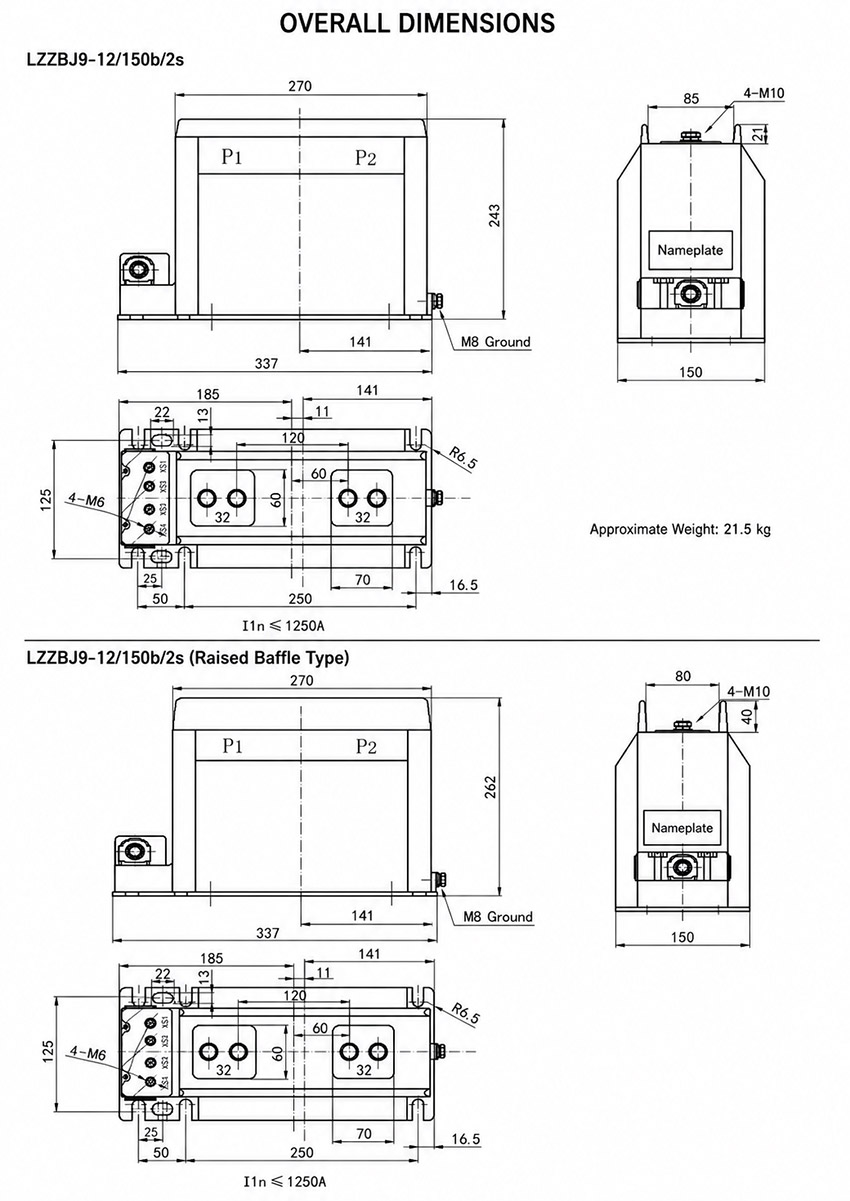 LZZBJ9-12/150b/2S Epoxy Resin Casting Type Current Transformer Installation and Dimensions