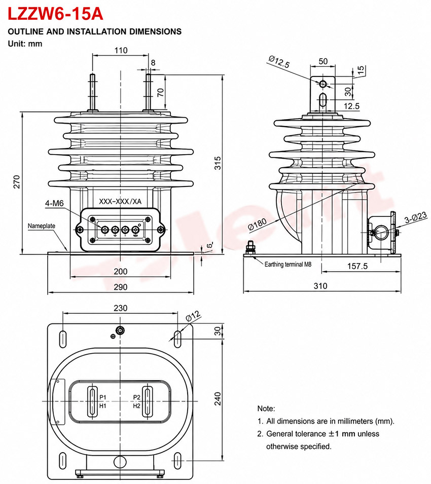 LZZW6-15A(B) Transformador de Corriente Exterior Totalmente Encapsulado Montado en Poste – Instalación y Dimensiones