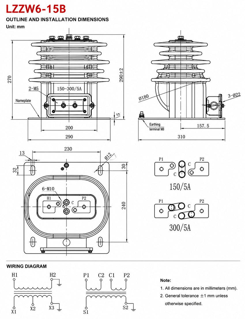 LZZW6-15A(B) Transformador de Corriente Exterior Totalmente Encapsulado Montado en Poste – Instalación y Dimensiones