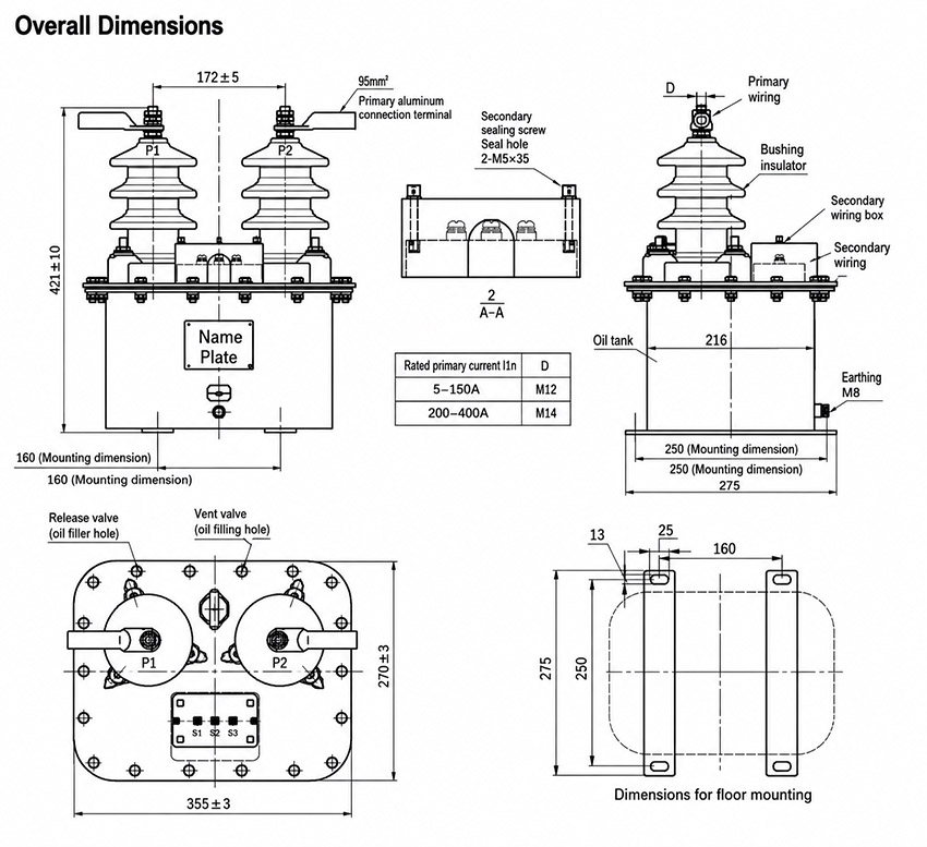 LJW-10, LJWD-12, 13.8kV Oil-Immersed Steel-Enclosed Outdoor Current Transformer Installation and Dimensions