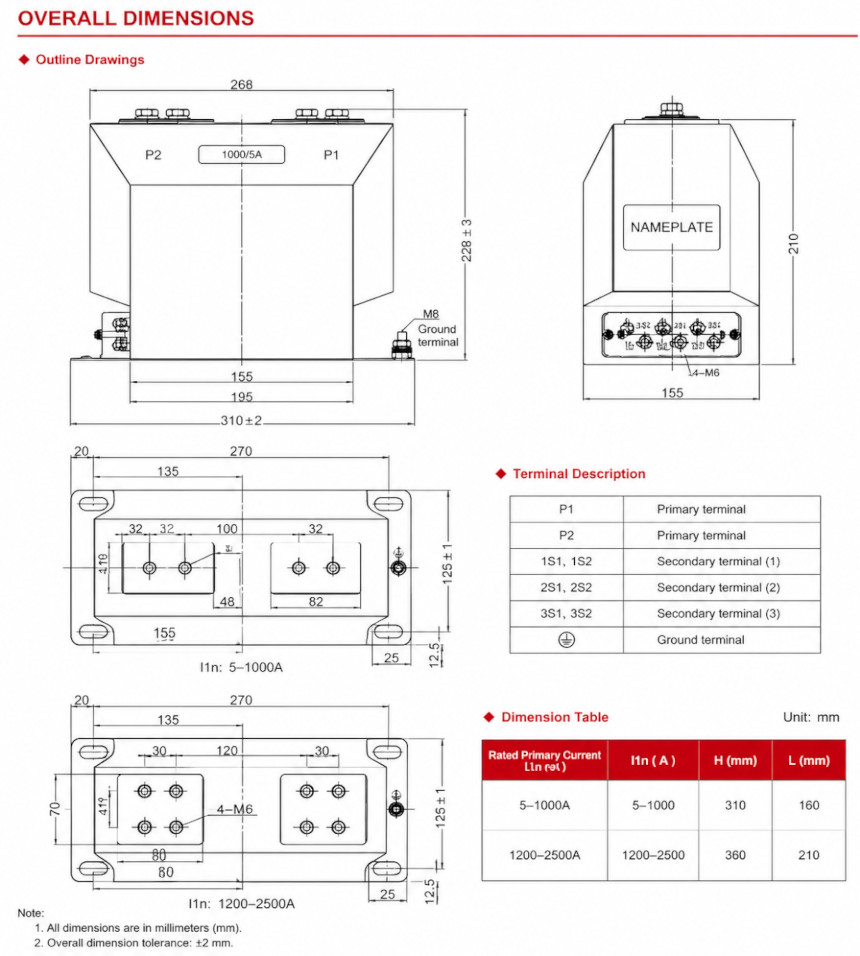LZZB6-12 / LZZB6J-12 محول تيار داخلي من راتنج الإيبوكسي المصبوب Thomas Electric LZZB6-12 / LZZB6J-12 Installation and Dimensions