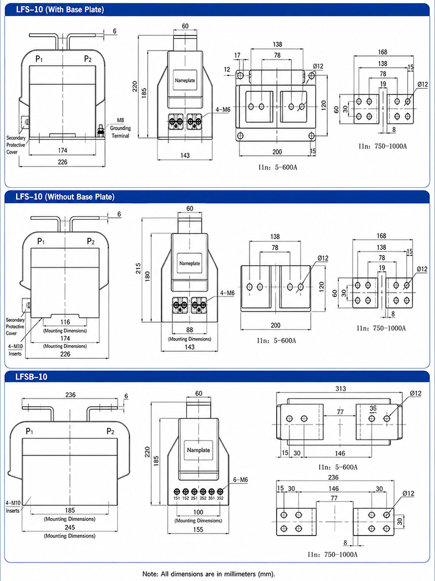 محول التيار المصهور من راتنج الإيبوكسي LFSB-10، LFSB-10Q، LZZB(J)-10 Thomas Electric Installation and Dimensions