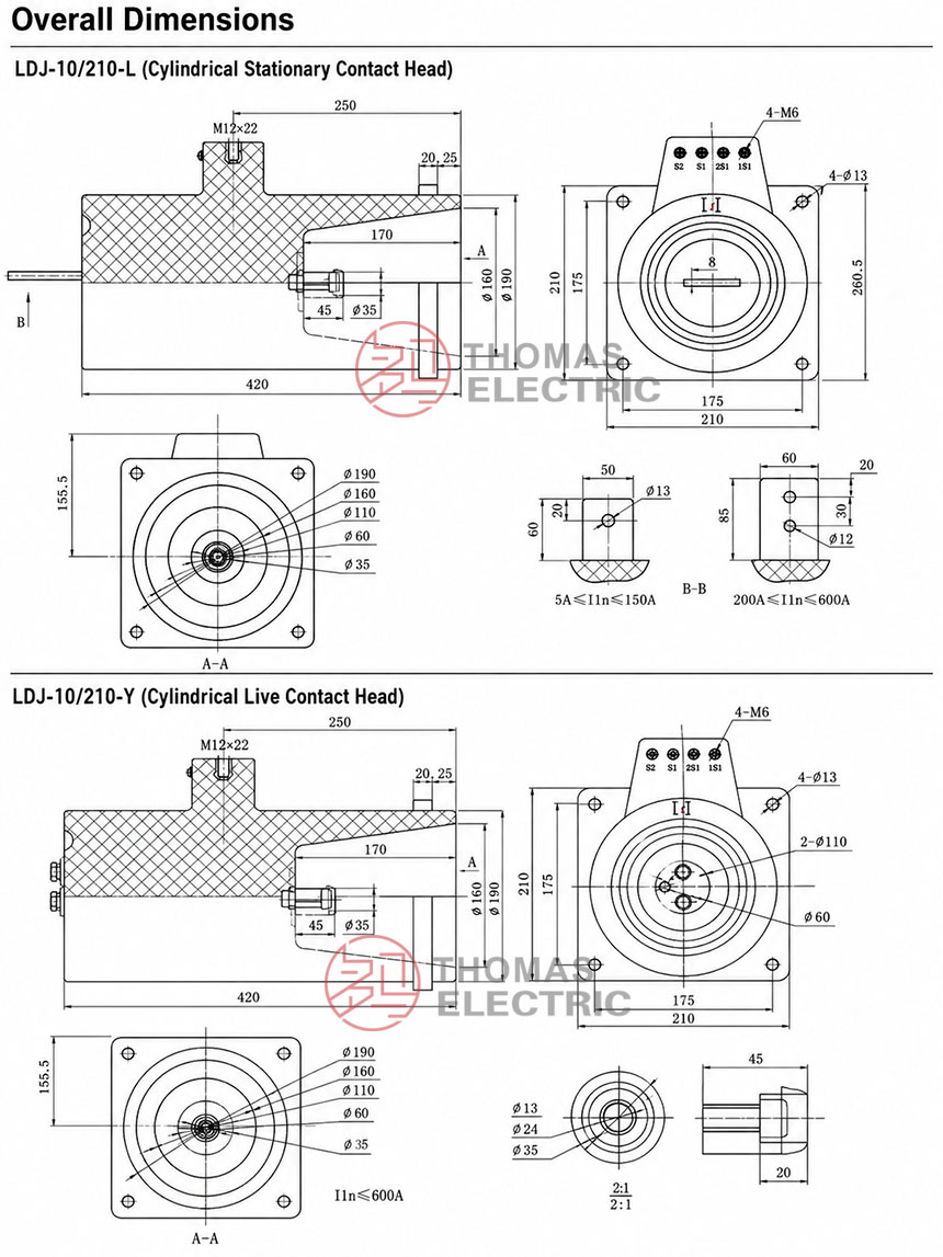 Stromwandler LDJ-10Q / LDJ-10/210-L(Y) für KYN-Wagenausziehschaltanlagen Thomas Electric Installation and Dimensions