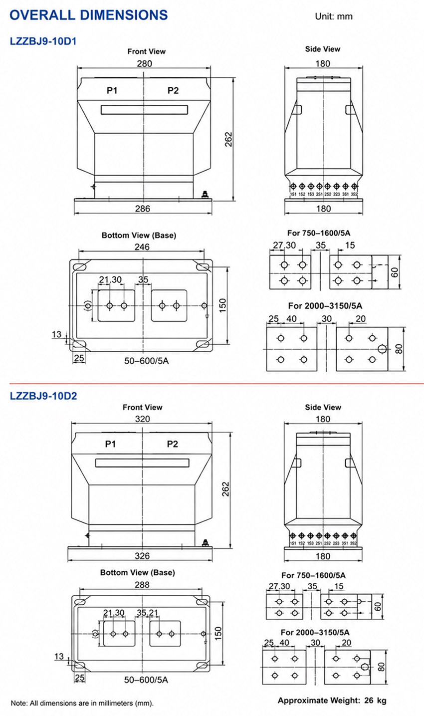 LZZBJ9-12D1/D2 Trasformatore di corrente in resina epossidica colata per interni – Installazione e dimensioni