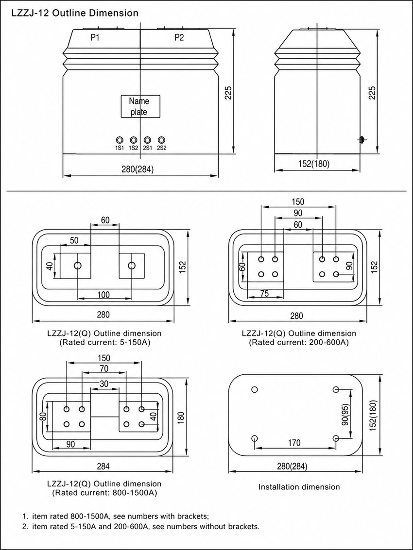 LZZJ-10, LZZJ-12Q, LZZ(B)J1-10 Epoxidharz-Gießharz-Stromwandler Thomas Electric LZZJ-10, LZZJ-12Q, LZZ(B)J1-10 Epoxidharz-Stromwandler Montage und Abmessungen