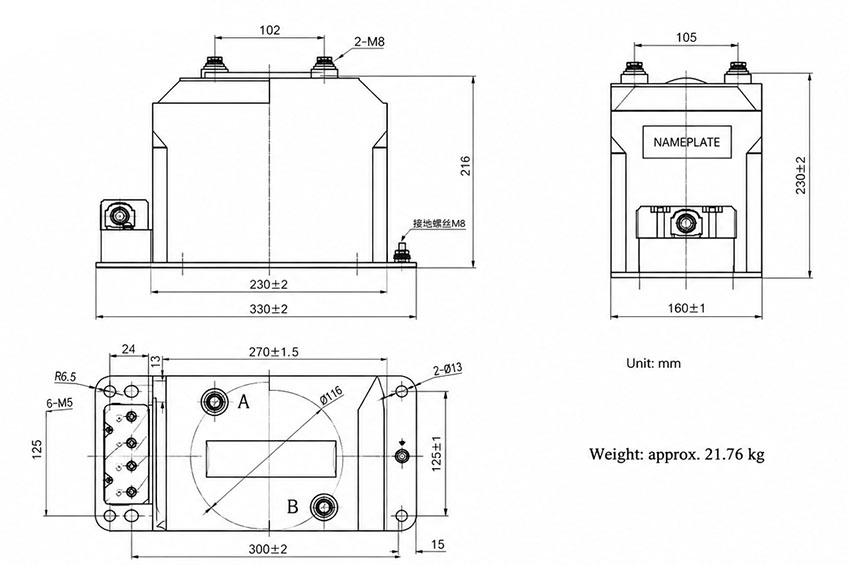 JDZ10-3,6,10A (RZL10) Indoor Epoxy Cast-Resin Voltage Transformer Installation and Dimensions