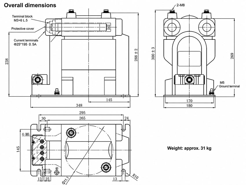 JDZ10-6R, JDZ10-10R Indoor Epoxy Cast-Resin PT with Fuse Thomas Electric JDZ10-6R, JDZ10-10R Indoor Epoxy Cast-Resin Voltage Transformer with Fuse Installation and Dimensions