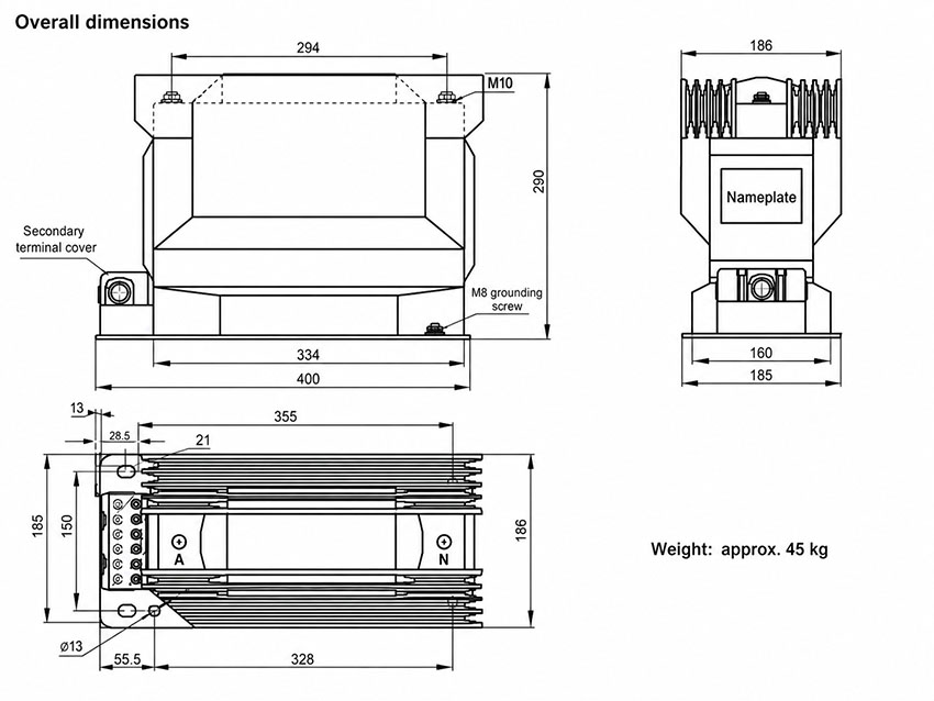 JDZF9-10GY/185 Indoor Epoxy Cast-Resin Voltage Transformer Thomas Electric JDZF9-3/6/10GY/185 Indoor Epoxy Cast-Resin Voltage Transformer Installation and Dimensions