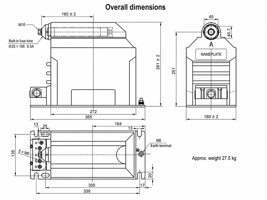 JDZX10-6R / JDZX10-10R Fused Single-Phase Voltage Transformer Thomas Electric JDZX10 6R 10R 160 Fused Dry Type Single Phase Voltage Transformer with fuse installation size