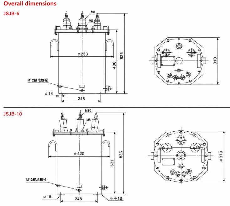 JSJB-6/10G انڈور آئل امیرسڈ تین فیز وولٹیج ٹرانسفارمر 6kV 10kV سسٹمز کے لیے انسٹالیشن اور پیمائشیں