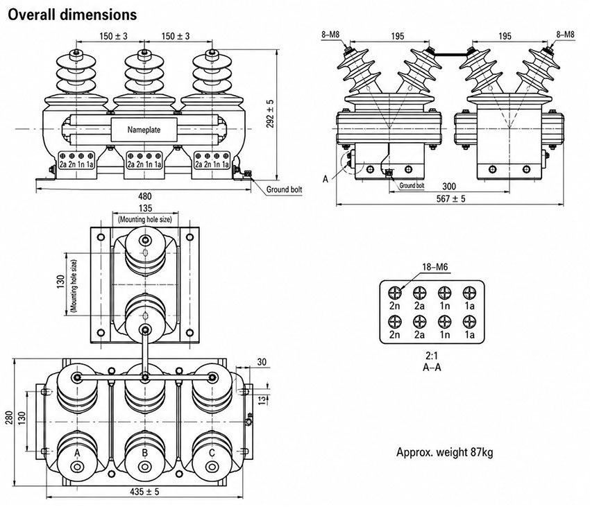 JSZGF-3, 6, 10G, JSZGF-12 Driefase Anti-Ferroresonansie PT/VT Thomas Electric JSZGF-3, 6, 10G, JSZGF-12 Drie-Fase Anti-Ferroresonansie Spanningstransformator Installasie en Afmetings