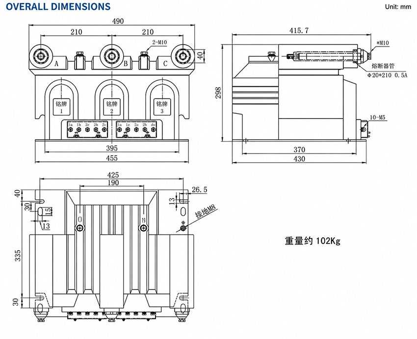 JSZJK-3/6/10R Fused Three-Phase Anti-Ferroresonance Voltage Transformer Thomas Electric JSZJK-3/6/10R Fused Three-Phase Anti-Ferroresonance Voltage Transformer Installation and Dimensions