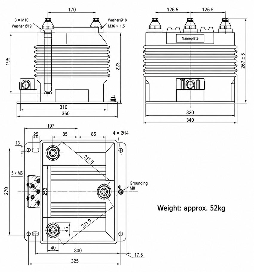 JDZ12(A) / JSZV12 Fused Fully Enclosed Voltage Transformer Thomas Electric JSZV12 10R Fused Fully Enclosed Epoxy Cast Resin Voltage Transformer installation diagram