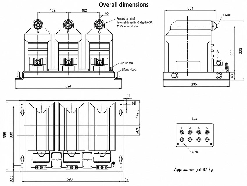JSZX18-6R, JSZX18-10R Inddor Fused Three-Phase epoxy cast-resin VT/PT Thomas Electric JSZX18-6R, JSZX18-10R Inddor Fused Three-Phase epoxy cast-resin VT/PT Installation and Dimensions