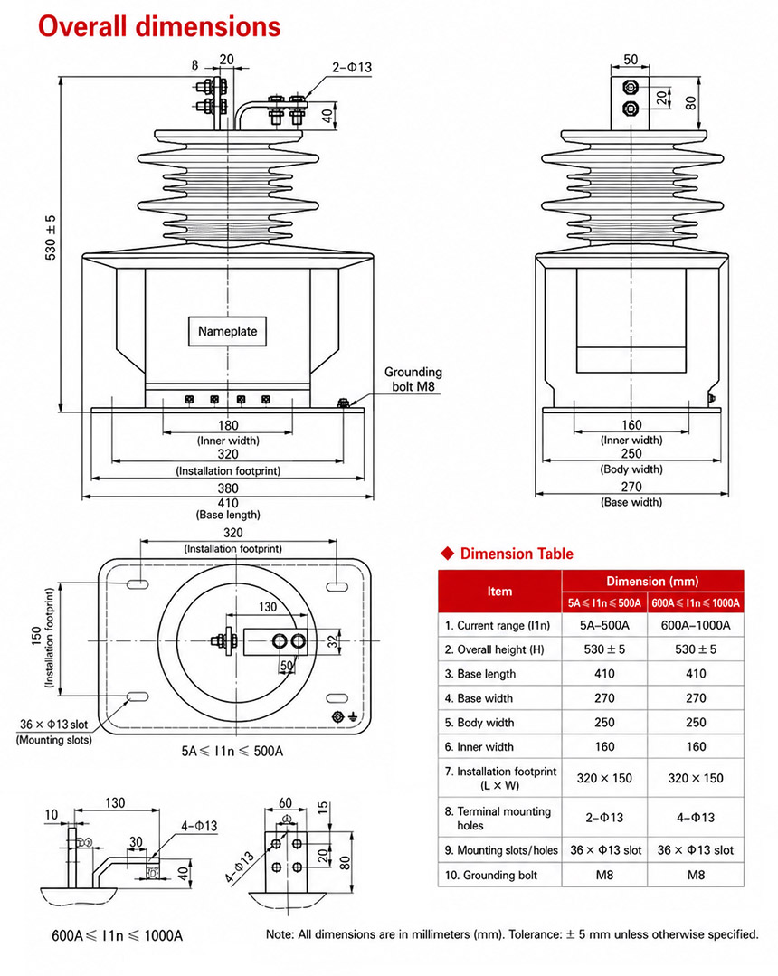 LCZ-35G (LZZB7-35) Indoor Single-Phase Epoxy Resin Cast Current Transformer Installation and Dimensions