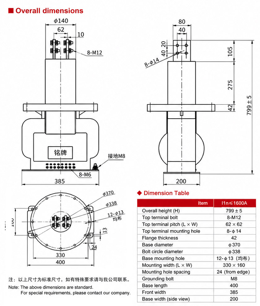 LZZBJ4-35 Indoor Epoxy Resin Cast Current Transformer Installation and Dimensions