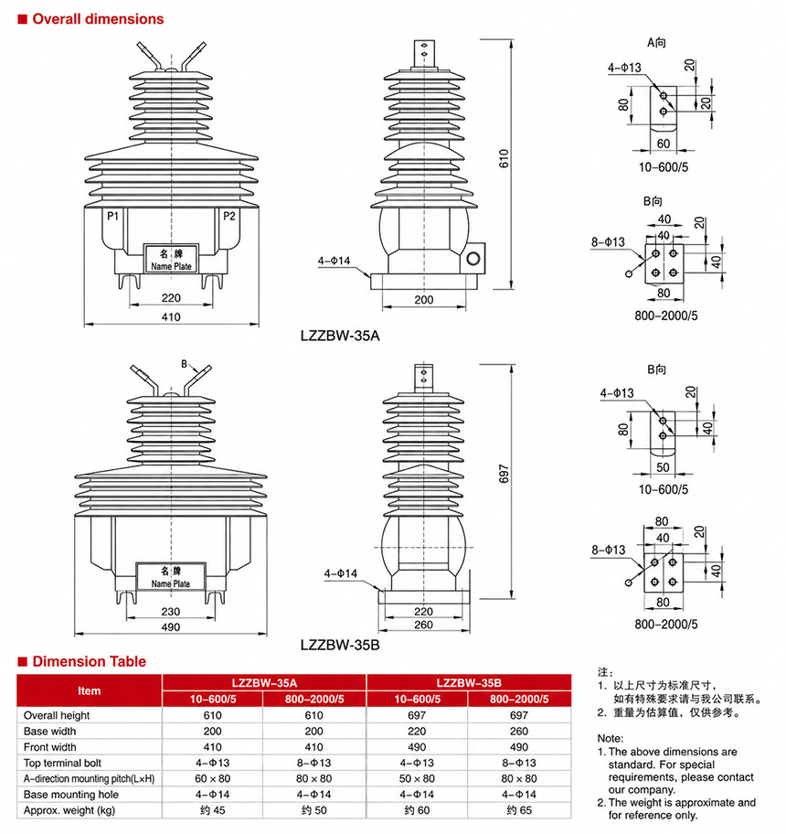 LZZBW-35A, LZZBW-35B Outdoor Single-Phase Current Transformer Installation and Dimensions