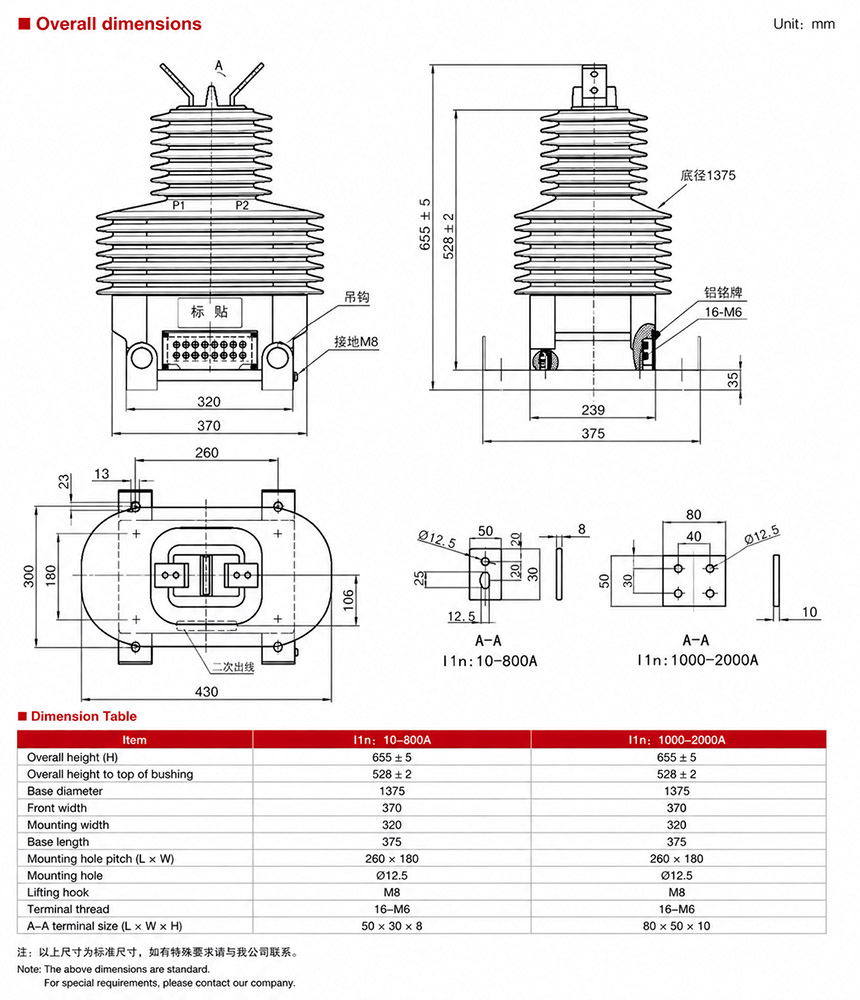 LZZBJ71-35W GY Outdoor Epoxy Resin Cast Current Transformer Thomas Electric LZZBJ71-35 / LZZBJ71-35W GY Outdoor Epoxy Resin Cast Current Transformer Installation and Dimensions