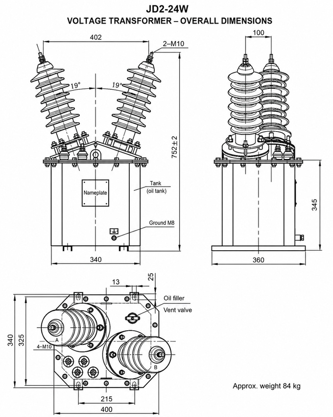 JD2-24W JDX2-24W voltage transformer dimension drawing