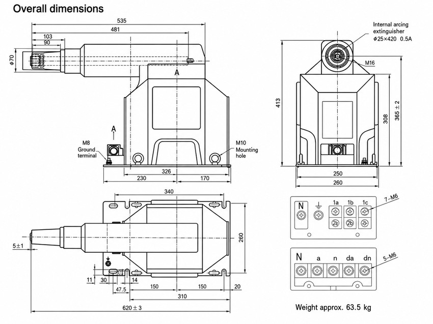 JDZX16-35R/260 Binnenshuis Epoksiehars Spanningstransformator met Lastonderbrekende Elleboogkonnektor en Sekering Thomas Electric JDZX16-35R/260 Installasiediagram