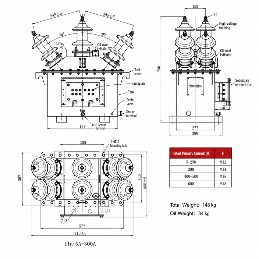 JLSY12-11W Outdoor Oil-Immersed Combined Transformer Three-Phase Three-Component 11kV Thomas Electric JLSY12-11W Installation Diagram